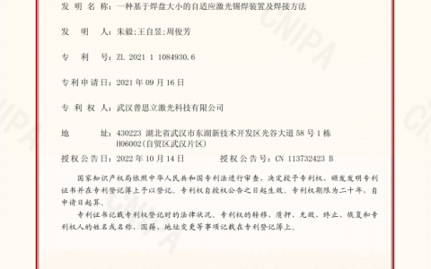 喜讯！热烈祝贺武汉普思立激光获得《发明专利证书》