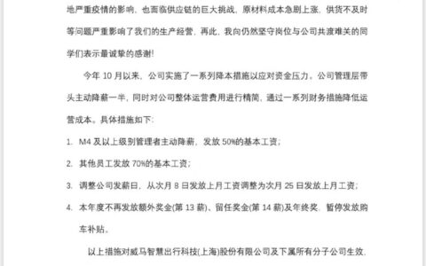 全员降薪！高管工资打五折，取消年终奖，高开低走的威马能否卷土重来？