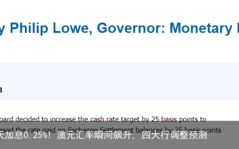 第11次! 澳央行逆天加息0.25%! 澳元汇率瞬间飙升, 四大行调整预测