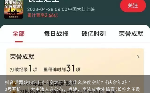 抖音话题破18亿!《长空之王》为什么热度空前?《庆余年2》10号开机，十大主演人选公布，肖战、李沁成意外惊喜(长空之王剧情详细)