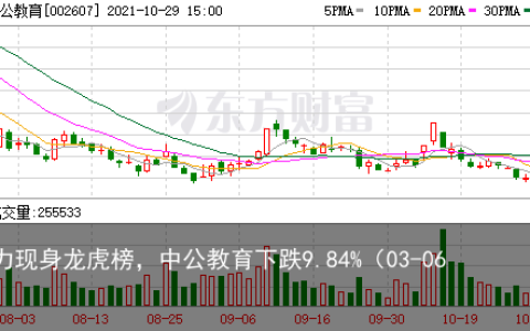 多主力现身龙虎榜，中公教育下跌9.84%（03-06）