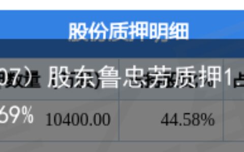 中公教育（002607）股东鲁忠芳质押1.04亿股，占总股本1.69%