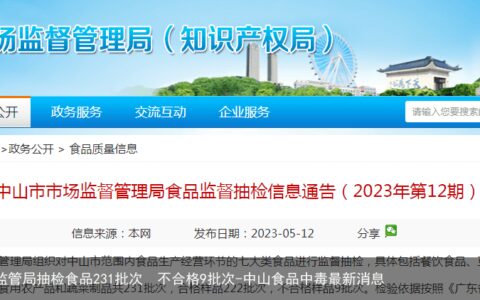 广东省中山市市场监管局抽检食品231批次  不合格9批次-中山食品中毒最新消息