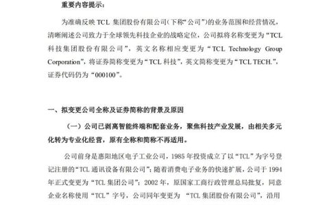 “TCL集团”变更为“TCL科技”英文简称变更为“TCL TECH.”