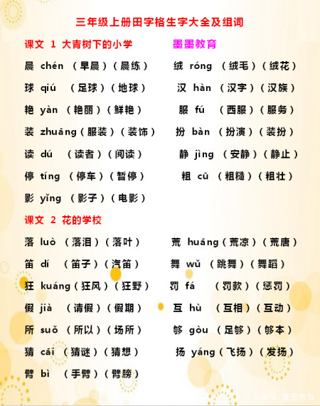 三年级语文田字格生字大全,生字注音、组词,孩子必备辅导资料!-三年级语文生字田字格书写图片 - 怎通