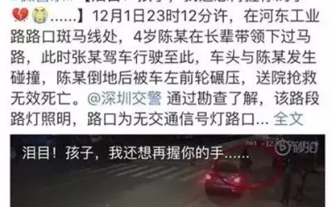 深圳4岁女童过斑马线被碾压身亡，我们都欠孩子一堂生命安全教育课！（小孩过斑马线被车撞了谁的责任）