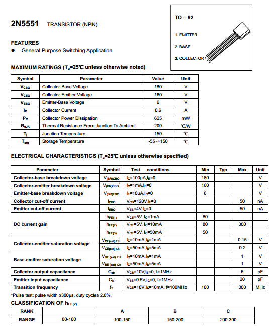 2N5551三极管引脚图及基本特性