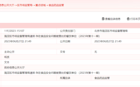 北京市海淀区市场监管局通报存在食品安全问题被查处的餐饮单位 （2023年第十一期）