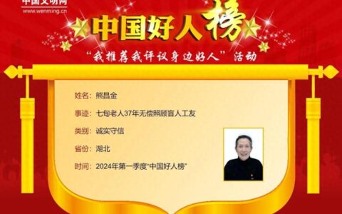 第一季度“中国好人榜”发布，武汉熊昌金获评“诚实守信好人”